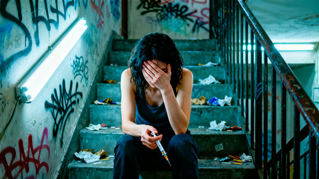 Woman in casual attire sits on stairs, surrounded by litter and graffiti, expressing despair and hopelessness related to drug addiction and its consequencesの素材