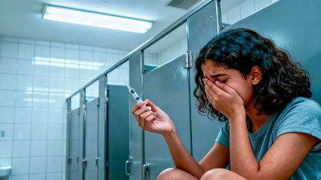 Young woman with curly hair sits on bathroom floor, holding syringe, showing emotional distress, illustrating the profound effects of drug addiction on individuals and their livesの素材