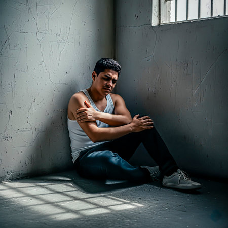 Young man sits on the floor in a shadowy room, hugging his knees, conveying emotions of despair and isolation associated with drug addiction and the recovery processの素材