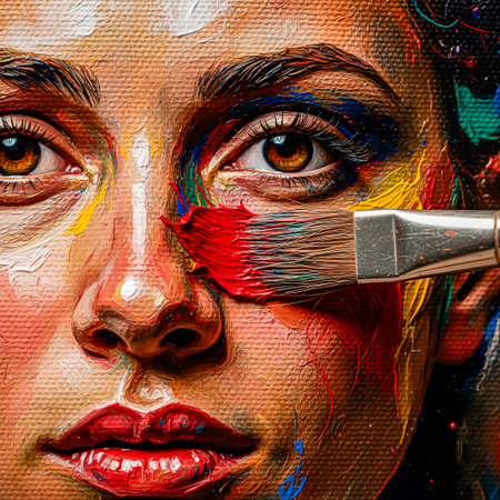 Close-up portrait of a woman applying paint to her face with a brush, featuring vibrant colors and textures, highlighting artistic expression and creativityの素材