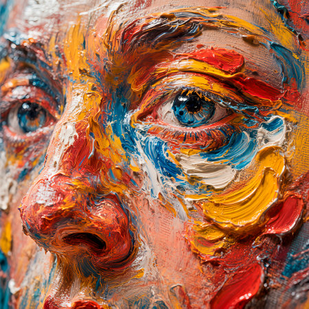 Abstract painting features a close-up view of a face with vivid colors and intricate textures, highlighting the artist's unique style and emotional expressionの素材