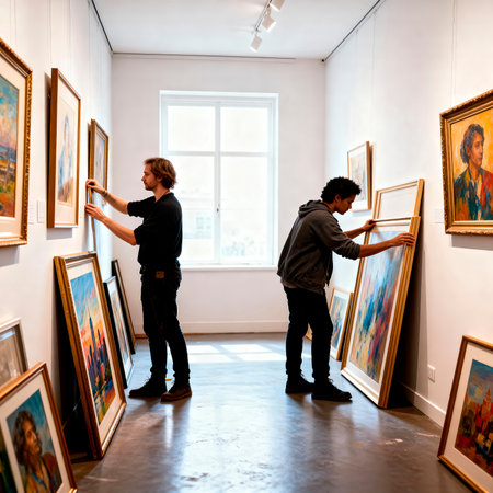 Male artists are arranging vibrant paintings in a well-lit gallery, highlighting their teamwork and artistic expression in a creative and inspiring atmosphereの素材