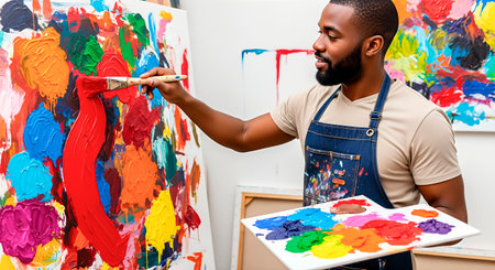 Male artist in blue apron is painting colorful abstract art on canvas, with vibrant palettes and a creative studio environment, highlighting artistic passion and creativityの素材