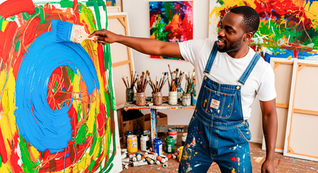 Male artist in blue overalls is painting an abstract design on canvas in a bright studio, surrounded by colorful artworks and various art suppliesの素材