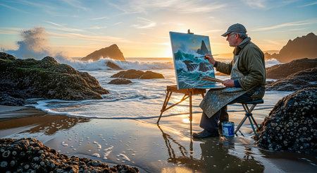 Painter creates a vibrant seascape on the beach, with crashing waves and rocky formations, showcasing artistic expression in a serene environmentの素材