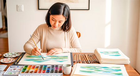 Female artist engaged in watercolor painting at a wooden table, surrounded by brushes and vibrant colors, creating a serene and inspiring artistic atmosphereの素材