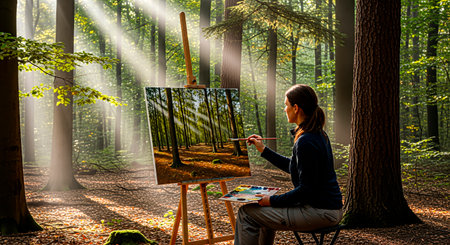 Woman artist creates a colorful forest painting on canvas, seated in a tranquil woodland with sunlight filtering through trees, showcasing artistic expression and nature's beautyの素材