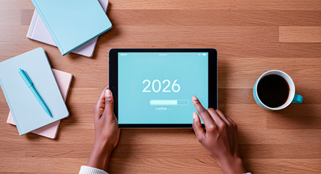 Woman's hands are using a tablet showing the year 2026, with notebooks and a coffee cup nearby, creating a cozy workspace atmosphere for planningの素材