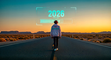 Individual walks along a deserted road during sunset, with a digital loading screen showing 2026, representing hope and anticipation for the futureの素材