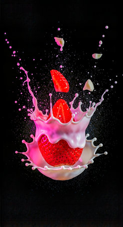 Juicy strawberries are splashing into creamy milk, creating a visually stunning scene with vibrant colors and dynamic droplets, evoking a sense of freshness and indulgenceの素材