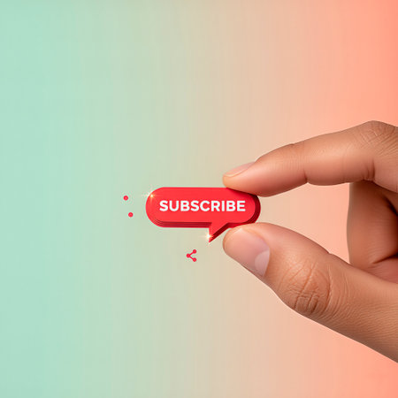 A hand is grasping a bright red subscribe button featuring white lettering, set against a smooth gradient backdrop, representing online connection and user engagementの素材