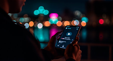 Male individual interacts with smartphone displaying music app, surrounded by colorful city lights at night, highlighting contemporary urban livingの素材