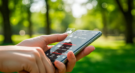 Young woman using smartphone in a vibrant outdoor setting, showcasing social media features and interaction, blending technology with nature's beautyの素材