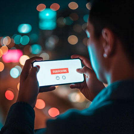 Male user interacts with smartphone featuring subscribe button, illuminated by city lights, highlighting the connection between technology and social media engagementの素材