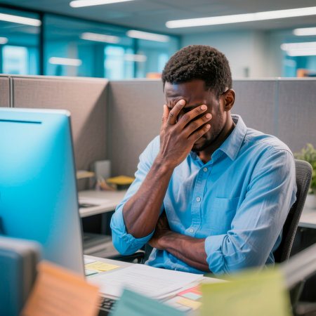 Male office worker is sitting at desk, covering his face with hand, showing signs of stress and frustration amidst paperwork and a computer screen in a contemporary workspaceの素材
