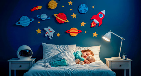 A starry night at home - a nightlight illuminates the nursery, the baby sleeps soundlyの素材