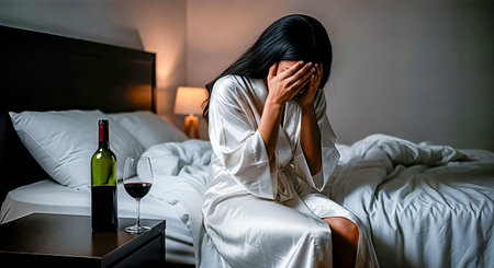 Female figure in satin robe sits on unmade bed, holding her head in distress, with wine bottle and glass nearby, illustrating the emotional toll of alcoholismの素材