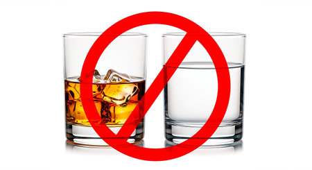 Two glasses, one with whiskey and one with water, are displayed alongside a red prohibition symbol, symbolizing the fight against alcoholism and encouraging healthier choicesの素材