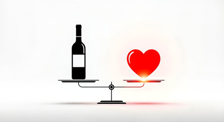 Visual representation of a balance scale featuring a wine bottle and a heart, illustrating the conflict between addiction and emotional well-beingの素材