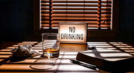 Whiskey glass rests on wooden table with crumpled fabric and notebook, illuminated by sunlight through blinds, symbolizing the challenge of overcoming alcoholismの素材