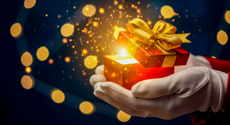 Red gift box adorned with golden ribbon, held in a gloved hand, radiating magical light, set against a backdrop of soft bokeh lights, capturing Christmas spiritの素材