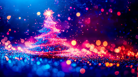 Brightly lit Christmas tree stands out with colorful lights and shimmering bokeh, enhancing the joyful ambiance of holiday celebrations and New Year festivitiesの素材
