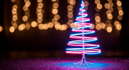 Neon Christmas tree shines brightly with colorful lights, set against a blurred bokeh backdrop, enhancing the joyful ambiance of holiday celebrations and New Yearの素材