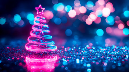 Vibrant Christmas tree adorned with glowing lights and sparkling decorations, surrounded by a colorful bokeh background, evoking a joyful holiday spiritの素材