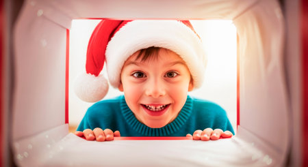 Joyful child in Santa hat peering through a colorful box, radiating excitement and happiness, capturing the essence of Christmas magic and festive spiritの素材