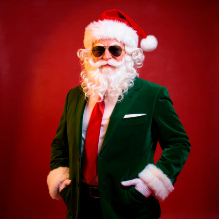 Contemporary Santa Claus character dons sunglasses and a stylish outfit, set against a bold red backdrop, radiating festive joy and modern holiday flairの素材