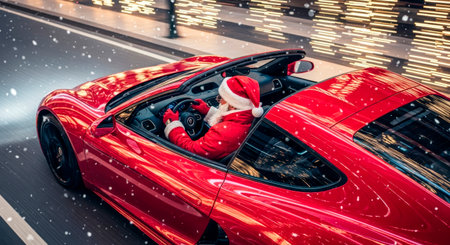 Santa Claus in a red convertible sports car drives through a beautifully lit city street, surrounded by festive decorations and gentle snowfall, embodying holiday joyの素材