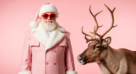 Contemporary Santa Claus, dressed in a chic pink coat and sunglasses, poses with a reindeer in a playful scene, creating a festive and whimsical atmosphereの素材