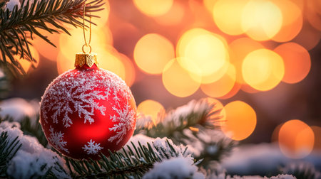 A vibrant red Christmas ornament adorned with snowflakes is suspended from a pine branch, nestled in soft snow, with warm bokeh lights enhancing the holiday spiritの素材