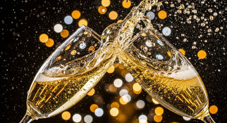 Champagne glasses are clinking together, surrounded by sparkling bubbles and vibrant bokeh lights, creating a festive ambiance for holiday celebrationsの素材