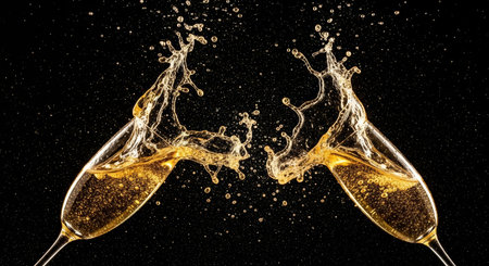 Two elegant champagne glasses are clinking, with bubbly liquid splashing, creating a festive atmosphere perfect for New Year and Christmas celebrationsの素材