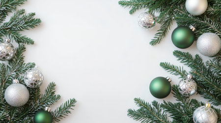 Green pine branches with silver and green ornaments frame a bright background, evoking a festive holiday spirit and providing space for personalized messagesの素材