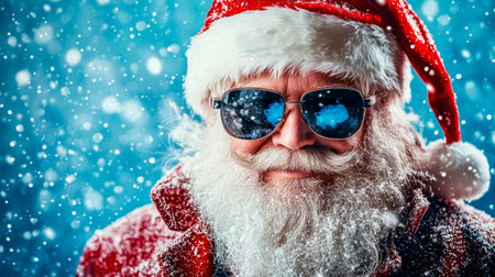 Contemporary Santa Claus with sunglasses, surrounded by falling snowflakes, exuding a joyful and festive atmosphere, perfect for modern holiday themesの素材