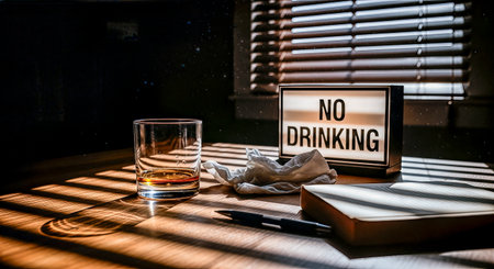 A whiskey glass rests on a wooden table next to a crumpled napkin and book, with sunlight casting shadows, representing the challenges of alcoholism and recoveryの素材