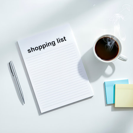 Blank shopping list pad with black text, steaming cup of coffee, and colorful sticky notes on a clean white desk, evoking a productive workspace vibeの素材