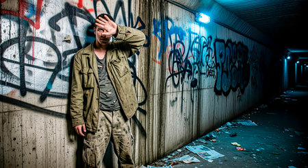 Distressed young man stands in a graffiti-filled tunnel, surrounded by trash, illustrating the struggles of drug addiction and its effects on individuals and communitiesの素材