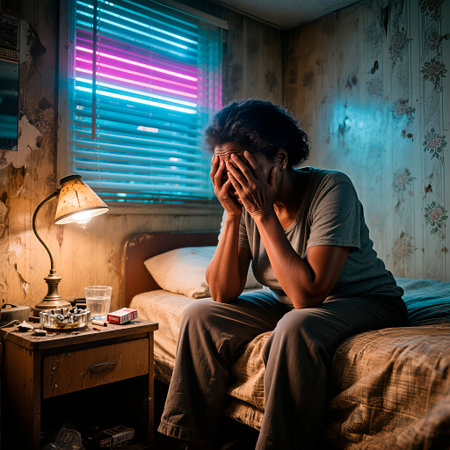 Female figure in a dimly lit room, sitting on bed with hands covering face, surrounded by empty glasses and an ashtray, illustrating the impact of drug addiction and emotional turmoilの素材