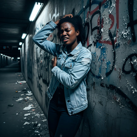 African American woman stands in a dimly lit tunnel, surrounded by graffiti and debris, conveying deep emotional pain related to drug addiction and mental health challengesの素材