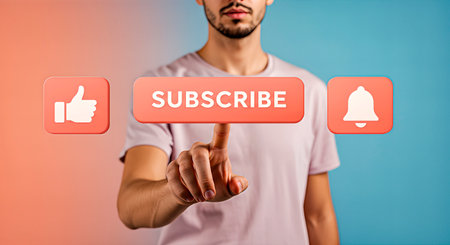 Male individual in a light shirt is reaching out to touch social media icons, showcasing interaction with digital platforms and promoting online engagementの素材