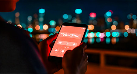 Individual interacts with smartphone displaying a bright subscribe button, set against a colorful bokeh city background, highlighting urban nightlife and technologyの素材