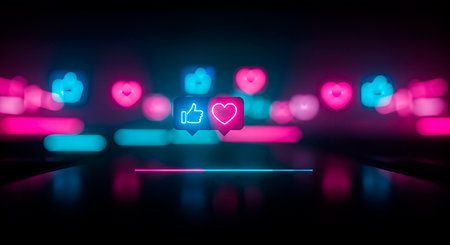 Bright social media icons featuring heart and thumbs up symbols shine in neon colors, creating a lively digital environment that symbolizes online connection and engagementの素材