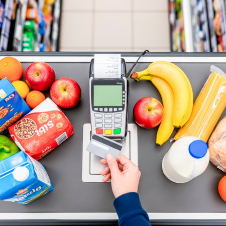 Shopper's hand is poised to use credit card at checkout counter filled with vibrant groceries, showcasing a busy retail environment and consumer lifestyleの素材
