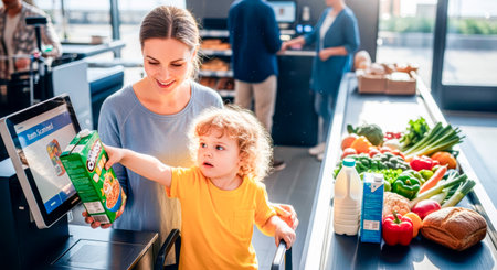 Mother assists child at checkout, holding cereal box, surrounded by fresh groceries, creating a vibrant atmosphere of family shopping and togethernessの素材