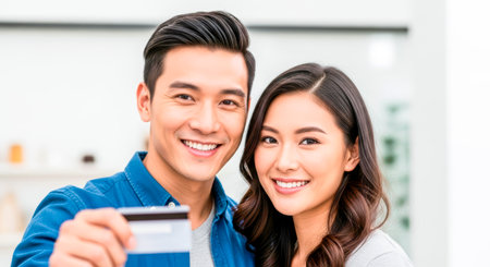 Happy Asian couple is holding a credit card in a vibrant retail space, expressing joy and enthusiasm for shopping and the checkout process in a welcoming atmosphereの素材