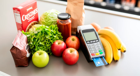 Groceries featuring apples, bananas, lettuce, and packaged goods are displayed on a checkout counter alongside a payment terminal, showcasing a vibrant shopping sceneの素材