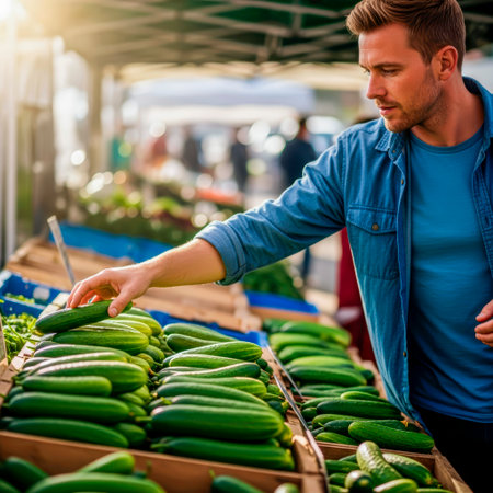 Young man is choosing fresh cucumbers at a lively vegetable market, surrounded by various colorful vegetables, emphasizing healthy eating and nutritionの素材